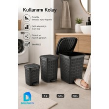 Dolphfin Jute 3’lü Pedallı Çöp Kovası Seti Kapaklı Büyük Boy Plastik Banyo Mutfak Ofis Atık Kovası - Siyah