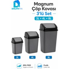Dolphfin Magnum 3’lü Sallanır Kapaklı Çöp Kovası Seti 2 L 4 L 8 L Banyo Mutfak Antrasit