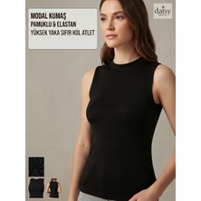 Daisy Tasarım Kadın Siyah / Beyaz Yüksek Yaka Sıfır Kol Modal Kumaş Pamuklu & Elastan Esnek Atlet