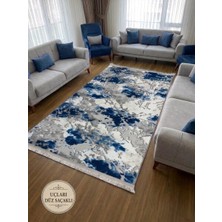 Mavi Gri Saçaklı Kaymaz Taban Yıkanabilir Kesme Yolluk Halı