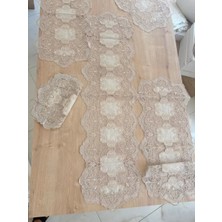 Salon Takımı Çeyizlik Krem Runner Set 5 Parça Keten Ranır Masa Konsol Sehpa Örtüsü Orkide