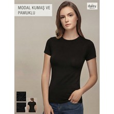 Daisy Tasarım Kadın Siyah / Beyaz Bisiklet Yaka Kısa Kollu Modal Kumaş ve Pamuklu Esnek Tişört