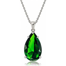 Fm 💎 Premium Parlak ve Şık 925 Gümüş Üzeri Rodyum Kaplama Yeşil Zümrüt Taşlı Damla Kolye (45cm)
