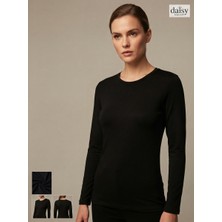 Daisy Tasarım Kadın Siyah / Beyaz Bisiklet Yaka Uzun Kollu Modal Kumaş ve Pamuklu Esnek Üst / Tişört