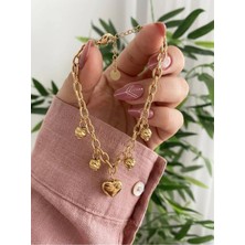 Yonca Çelik Kadın Gold Charm Çelik Bileklik & Kalp ve Küre Detaylı 17+5 cm