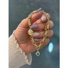 Yonca Cm Jewelry Charmlı Kutup Yıldızlı , Vintage Mineli Özel Tasarım, 14 Ayar Altın Kaplama Kadın Gold Bileklik 17+4 cm Ayarlanabilir