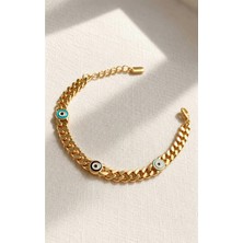Yonca Çelik Gurmet Zincirli 3"nazar Boncuklu 14 Ayar Altın Kaplama Gold Kadın Bileklik - Şık ve Zarif Tasarım 16+4 cm