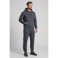 Machi Makiteks Erkek Füme Koyu Gri Kapüşonlu Kanguru Cepli Eşofman Takımı Paçası Lastikli Rahat Kalıp Spor Takım - Sweatshirt ve Eşofman Altı Ikili Takım