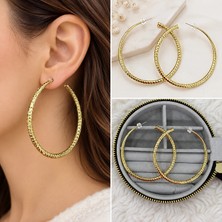 Fm 💎 Premium Parlak ve Şık Gold Renk Dokulu Büyük 316L Çelik Kadın Halka Küpe