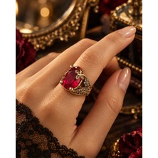4057  Kızıl Saray – Oval Kırmızı Taşlı Vintage Bronz Ayarlanabilir Kadın Yüzük