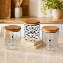 Die Grup Tr 3'lü Heart Desenli Cam Kavanoz Seti 800 Ml, Ahşap Kapaklı Şeffaf Erzak Saklama Kabı, Kahve Kurabiye Şeker Baharat Kuruyemiş ve Atıştırmalık Kavanozu