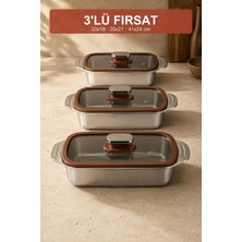 Die Grup Tr Viracasa 3'lü Cam Kapaklı Çelik Fırın Kabı Seti Borcam Fırın Tepsisi 33X19 35X21 41X24 cm