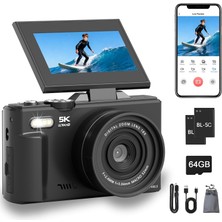 Die Grup Tr 5k Dijital Fotoğraf Makinesi, 75 Mp Wifi Dijital Dslr Fotoğraf Makinesi 180° Katlanabilir 3 LCD Ekran, Otomatik Zoom, 64 GB Kart, 2 Pil, Kompakt Seyahat Vlogging Kamerası