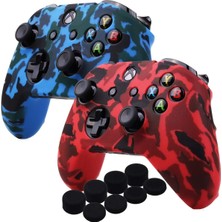 Die Grup Tr Water Transfer Printing Camouflage Silicone Cover Skin Case For Microsoft Xbox One x & Xbox One S Controller x 2(Red&blue) With Pro Thumb Grips x 8