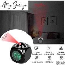 Atay Garage Projeksiyonlu Masa Saati Yeşil Ekranlı Siyah Kasalı 8-9cm Ebatlarında Kırmızı Lazerli Tavana Yansıtmalı