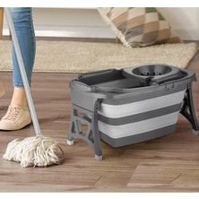 Die Grup Tr Magic Katlanır Temizlik Kovası Seti, 20 Litre, Gri-Beyaz, Paspas Sapı ve Mop Başlığı ile