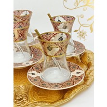 Die Grup Tr Altın Bordo Desen Işlemeli 6 Kişilik Cam Porselen Çay Seti Tea Set For 6 Persons Premium Porcelain