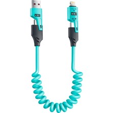 Die Grup Tr 4'ü 1 Arada 65W Yaylı Hızlı Şarj Kablosu Type-C & Lightning Pd Destekli, Dolaşmaz Spiral Tasarım, 1.5m Uzayabilir, Araç & Ev Uyumlu Şarj ve Veri Kablosu (Yeşil)