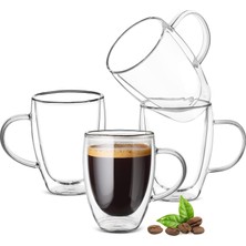 Die Grup Tr 12OZ Çift Duvarlı Cam Kahve Kupaları Saplı, Şeffaf Cappuccino Cam Kupa 4'lü Set, Yalıtımlı Içme Camı Kahve Fincanları ve Çay Bardakları, Espresso Kupa Bardakları, Isıya Dayanıklı Bulaşık