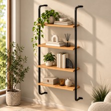 Create Handle 4 Raflı Duvara Monte Ahşap Kitaplık Metal Duvar Rafı Dekoratif Kitaplık