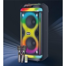 Büyük Boy Çift Kablosuz Mikrofonlu Taşinabilir Hoparlör Bluetooth Party Speaker Siyah