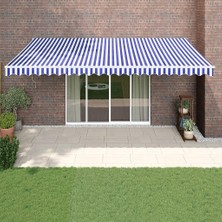 Veranda Için Geri Çekilebilir Tente, Motorlu / Manuel, Dış Güneşlik, Balkon Örtüsü, 5 x 3 M, Mavi ve Beyaz Kumaş, Alüminyum, Su Geçirmez, Teras, Bahçe