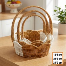 Emt Pazarlama® Iç Içe Geçebilen 3’lü Çift Renkli Yuvarlak Dalgalı Formlu Saplı Plastik Rattan Sepet Seti – Hasır Görünümlü Çok Amaçlı Organizerler