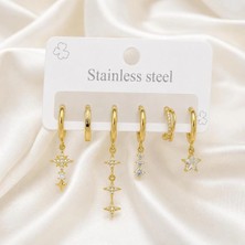 Stainless Steel Premium Gold Minimal Charms Çelik Kadın Küpe Seti