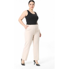 New Boudoir Beli Lastikli Ekru Duble Krep Büyük Beden Kadın Pantolon