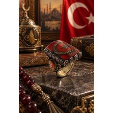 Siset Gümüş 925  Ayar Kırmızı  Mineli Kelime-I Tevhit Yazılı Ay Yıldızlı Erkek  Gümüş  Yüzük