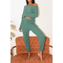 New Boudoir Kayık Yaka Cam Göbeği Kaşkorse Kadın Eşofman Takımı