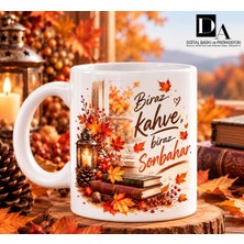 Da Dijital Sonbahar Temalı Kupa Bardak – Kahve Kitap Balkabağı ve Yaprak Desenli Klasik Beyaz Kupa