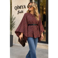 Qimya Butik 4s Kadın Kemerli Astarsız Tüvit Panço Mont