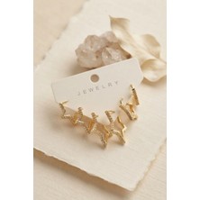 Inure Jewelry Gold Renk Zirkon Taşlı Pirinç Yıldız Model Kadın Küpe Seti