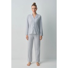 Suwen Grey Melange Dotty Shirt Collar Cotton Pajama Set