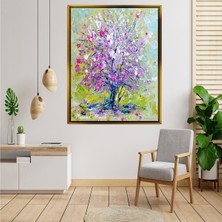 Tablore Yağlı Boya Pembe Çiçekli Hayat Ağacı Çerçeveli Kanvas Tablo Modern Salon Dekoru