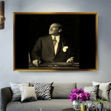 Tablore Siyah Beyaz Atatürk Portre Tablosu Çerçeveli Kanvas Tablo Modern Salon Dekoru