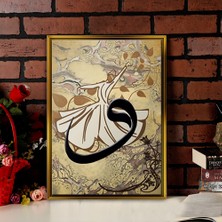 Tablore Semazen Figürlü ve Ebru Desenli Vav Harfi Çerçeveli Kanvas Tablo Modern Salon Dekoru