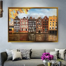 Tablore Amsterdam Kanal Kıyısı Tarihi Evler Çerçeveli Kanvas Tablo Modern Salon Dekoru