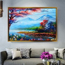 Tablore Yağlı Boya Dokulu Dağ ve Nehir Manzaralı Çerçeveli Kanvas Tablo Modern Salon Dekoru