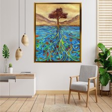 Tablore Mavi Kökler ve Hayat Ağacı Görselli Sanat Tablosu Çerçeveli Kanvas Tablo Modern Salon Dekoru