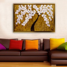 Tablore Gold Zemin Beyaz Bahar Dalı Ağaç Tablosu Çerçeveli Kanvas Tablo Modern Salon Dekoru