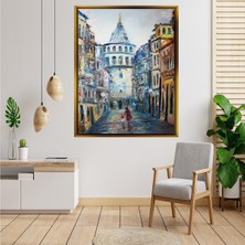 Tablore Galata Kulesi ve Yağmurlu Sokak Manzaralı Yağlıboya Dokulu Tablo Çerçeveli Kanvas Tablo Modern Salon Dekoru