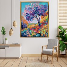Tablore Mor Çiçekli Ağaç ve Doğa Manzaralı Tablo Çerçeveli Kanvas Tablo Modern Salon Dekoru