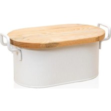 The Mia Stripe Bread Storage Box With Wooden Lid White 40X22X18 cm