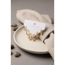Inure Jewelry Gold Renk Zirkon Taşlı Pirinç Oval Kare Model Kadın Küpe Seti