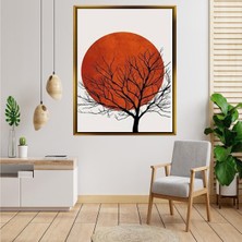 Tablore Japon Minimalist Kırmızı Güneş ve Ağaç Silüeti Tablo Modern Çerçeveli Duvar Dekoru