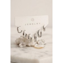 Inure Jewelry Gümüş Renk Zirkon Taşlı Pirinç Ince Kare Halka Model Kadın Küpe Seti