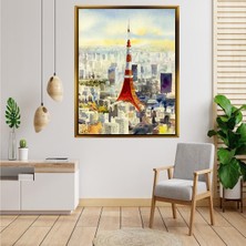 Tablore Japonya Tokyo Kulesi Şehir Manzaralı Suluboya Tablo Gold Çerçeveli Modern Salon Tablosu