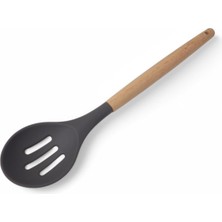 Die Grup Deconox Bambu Saplı Silikon Delikli Servis Kaşığı, Bambu Uzun Silikon Delikli Servi Kaşığı 27CM 3 Renk Seçenekli (Siyah)